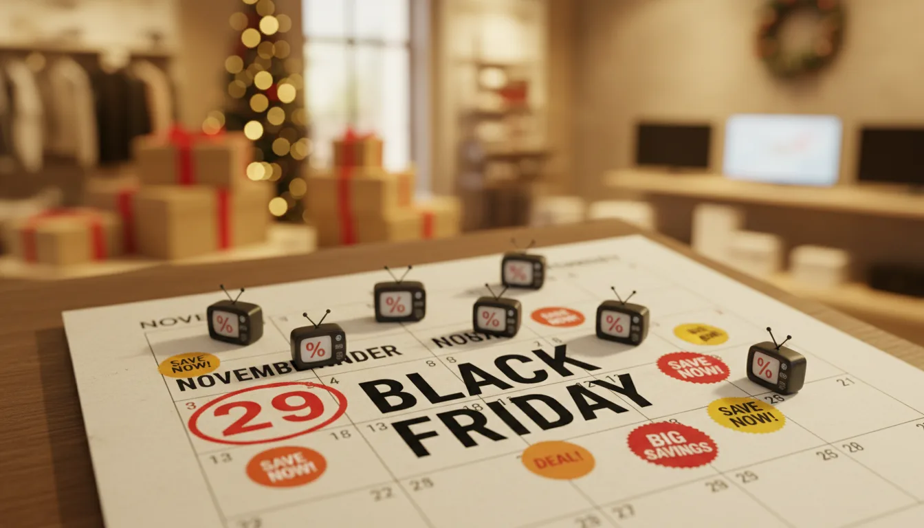 Calendar showing major TV sales events throughout the year with price trend indicators